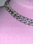 Ladies Thin Bling C Link Choker (Silver with Pink Stones)