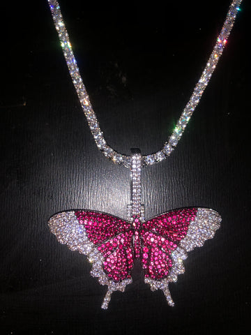 Pink and Black stone Butterfly on Thin Bling Chain (silver with Clear stones)