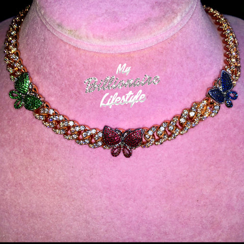 Multicolor Butterfly on Rose Gold Prong Link Chain