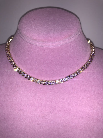 Ladies Thin Bling Tennis Chain (Gold with Pink Stones)