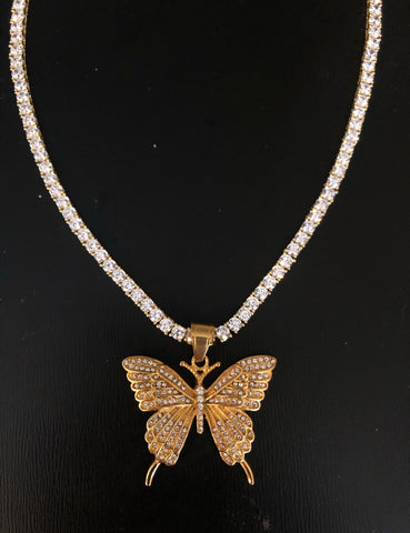 Gold Butterfly on Thin Bling Chain (gold with Clear stones)
