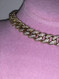 Ladies Thin Bling C Link Choker (Gold with Pink Stones)