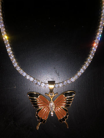 Brown and Black Butterfly on Thin Bling Chain (gold with Clear stones)