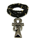 Wooden Beaded Necklace with Silver Ankh