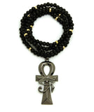 Wooden Beaded Necklace with Silver Ankh